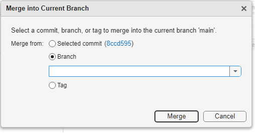 Merge into Current Branch dialog box shows the Merge from options and Merge and Cancel buttons.
