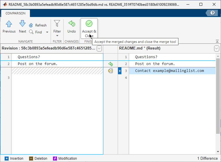 Merge report with pointer on the Accept & Close button in the toolstrip