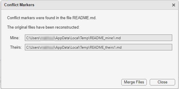 Conflict Markers dialog box showing the path to the reconstructed files and Merge Files and Close buttons at the bottom