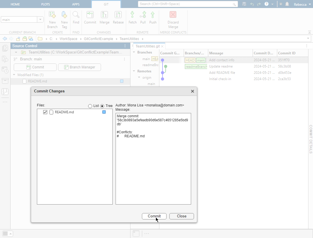 Commit dialog with an autogenerated merge commit message and one modified file to commit
