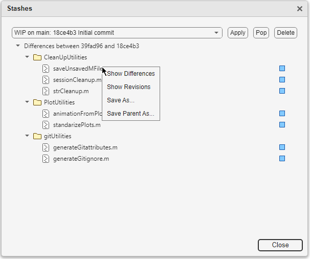Stashes dialog box displays the list of modified files, context menu, and Apply, Pop, and Delete buttons.