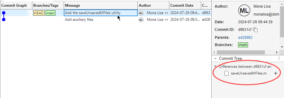 Commit graph showing the two remaining commits. The saveUnsavedMFiles.m file is marked as added in the Differences pane on the right.