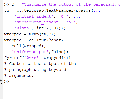 MATLAB での Python 関数の呼び出しによる段落テキストの折り返し