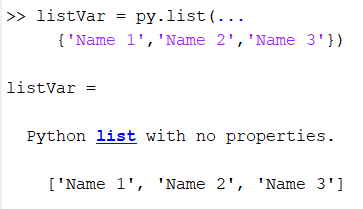 MATLAB での Python list 変数の使用