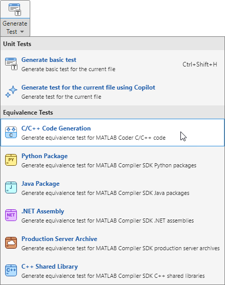 The Generate Test menu, which has options for generating unit tests and generating equivalence tests for different target languages