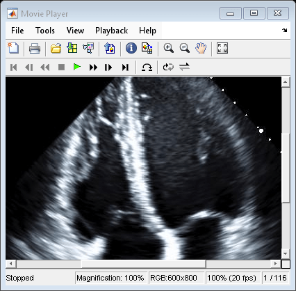 Figure Movie Player contains an axes object and other objects of type uiflowcontainer, uimenu, uitoolbar. The hidden axes object contains an object of type image.