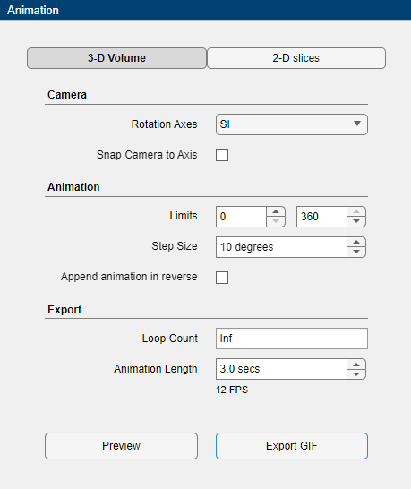 Animation panel for generating 3-D volume animations