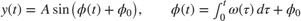 $y(t) = A \sin\big(\phi(t) + \phi_0\big), \qquad \phi(t) = \int_{0}^{t} \omega(\tau) \, d\tau + \phi_0$