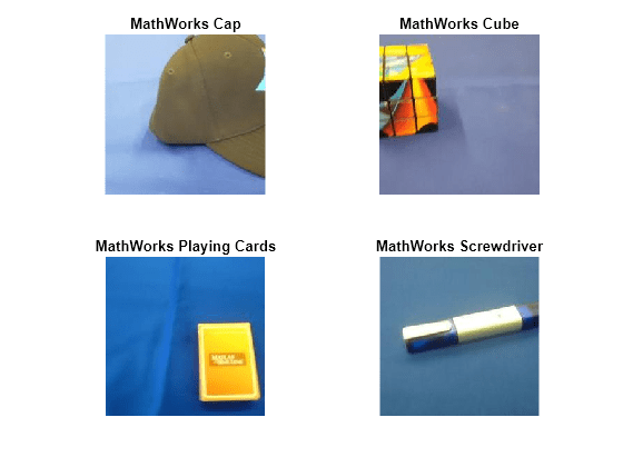 Figure contains 4 axes objects. Hidden axes object 1 with title MathWorks Cap contains an object of type image. Hidden axes object 2 with title MathWorks Cube contains an object of type image. Hidden axes object 3 with title MathWorks Playing Cards contains an object of type image. Hidden axes object 4 with title MathWorks Screwdriver contains an object of type image.