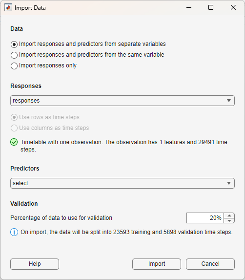 Import data dialog box