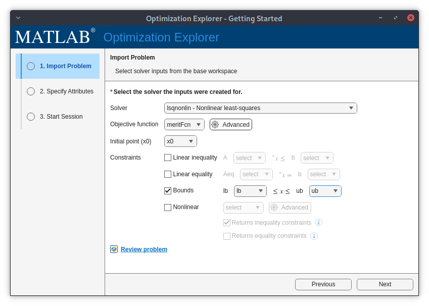 Specify solver options in the Import Problem step.