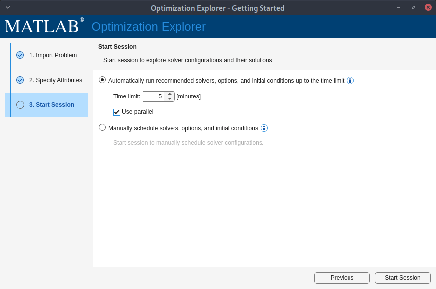 Select "Automatically run recommended solvers, options, and initial conditions up to the time limit" in the Start Session step of the Optimization Explorer app window.
