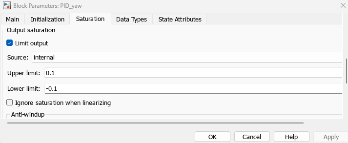 Saturation tab of PID_yaw block mask. Upper limit is 0.1, Lower limit is -0.1.
