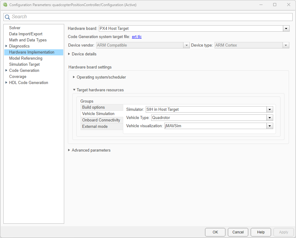 Hardware Implementation tab of the quadcopterPositionController.slx model settings, which shows the Simulator, Vehicle Type, and Vehicle Visualization parameters.