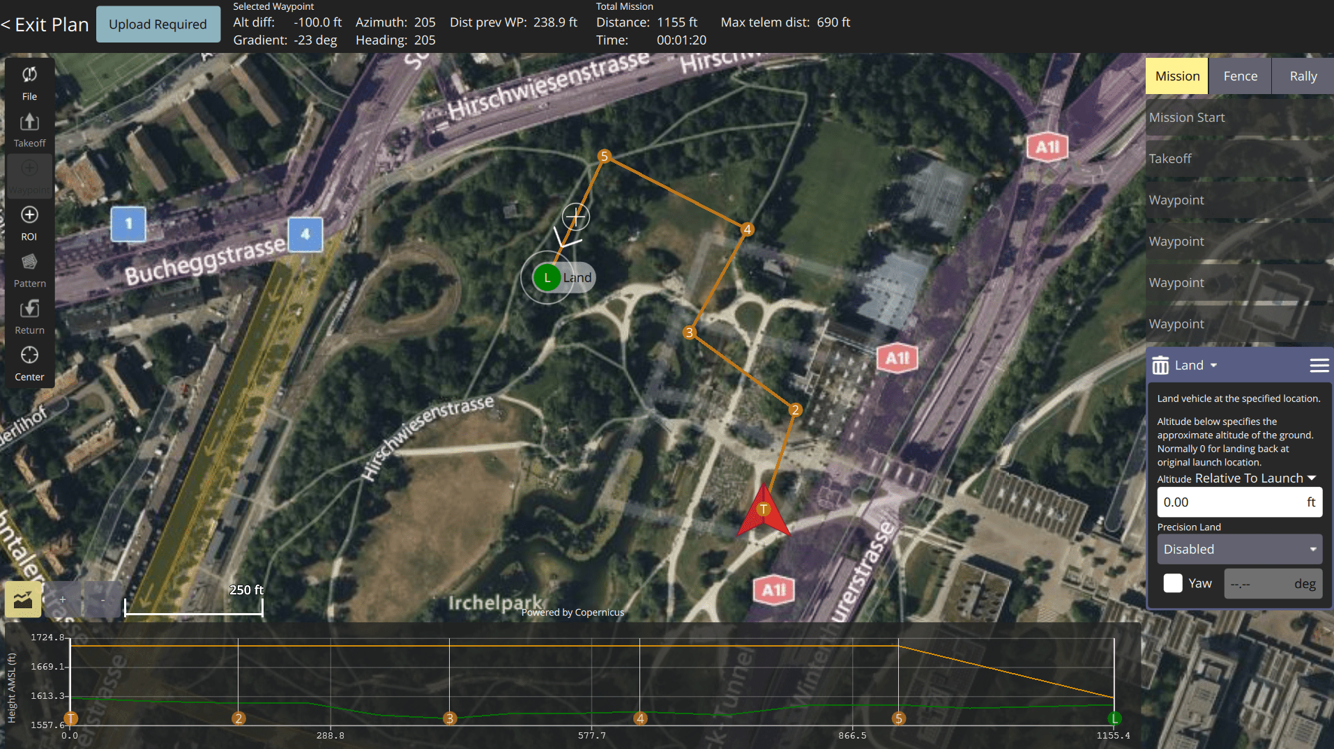 Plan View of QGroundControl, which shows the mission to be uploaded.