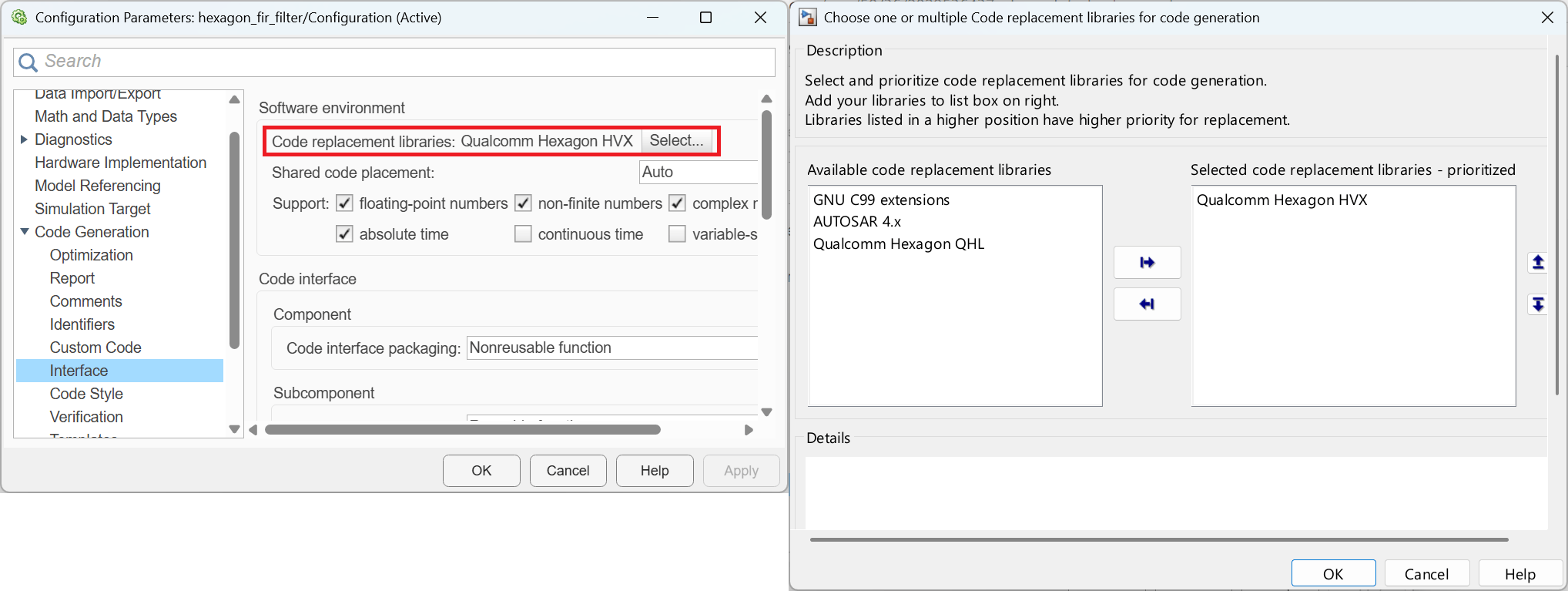 Code Generation Interface pane with Code replacement libraries set to Qualcomm Hexagon HVX, and the prioritization dialog showing Qualcomm Hexagon HVX at the top