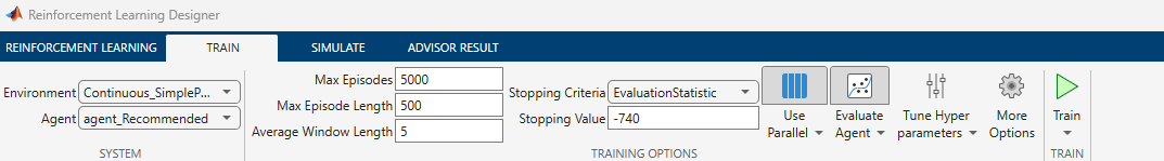 Train tab configured with 5000 max episodes, EvaluationStatistic stopping criteria, and stopping value of -740
