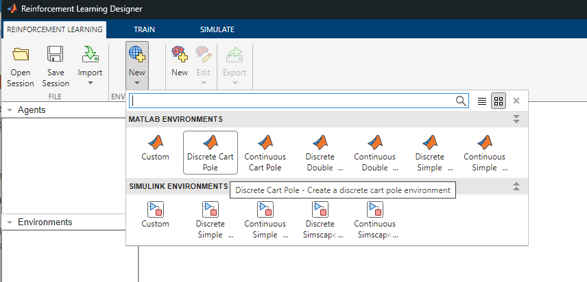 The Discrete Cart-Pole environment is selected in the MATLAB ENVIRONMENTS sections when the New button is pressed in the ENVIRONMENTS section of the toolstrip.