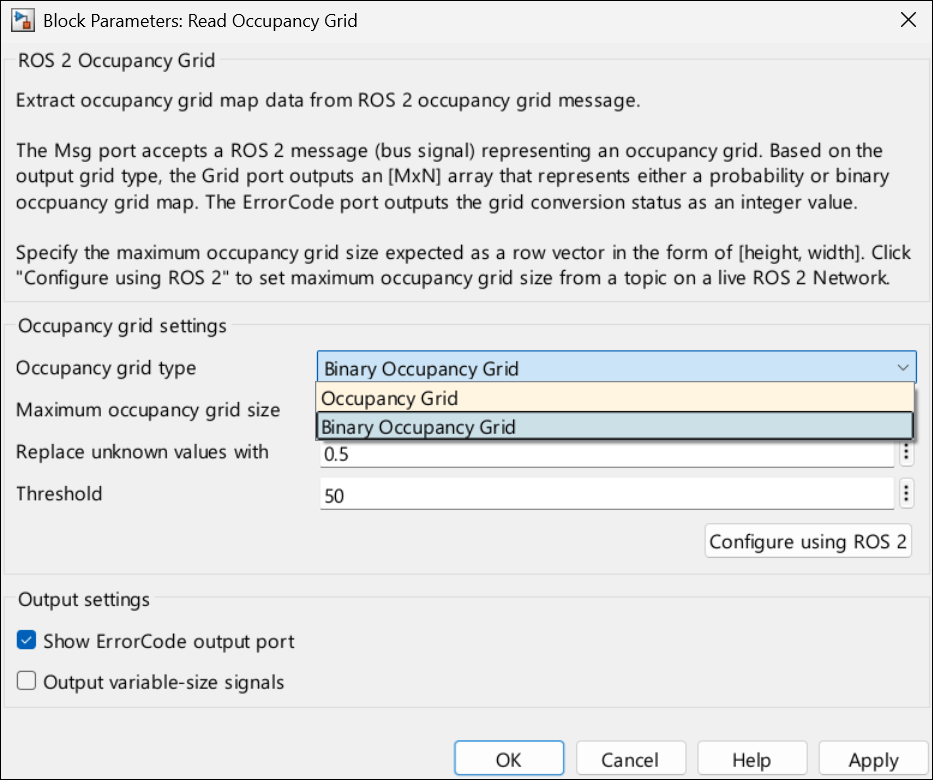 Setting ROS 2 Read Occupancy Grid block parameter to Binary Occupancy Grid