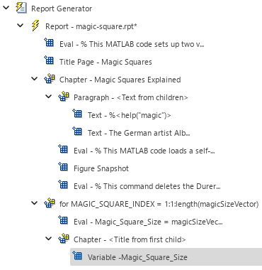 Outline in left pane showing the Eval and Chapter components as children of the For component, and the Variable component as a child of the Chapter component.