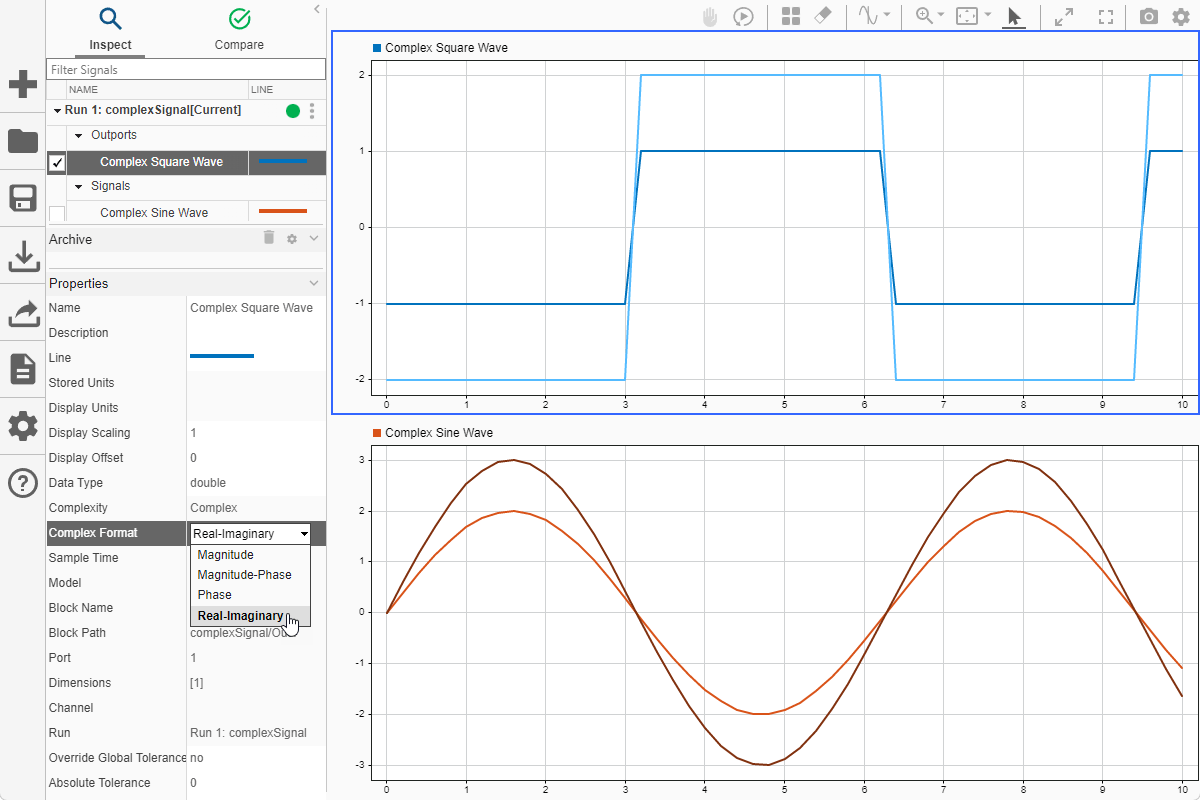 The Complex Square Wave and Complex Sine Wave signals plotted in the Simulation Data Inspector using Real-Imaginary format