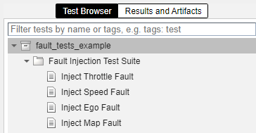 The test manager shows four tests. Each test corresponds to a unique fault combination of active faults for testing. The test name indicates the fault that is injected.