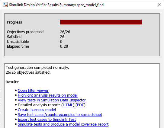 This image shows the results of generating the tests on the updated specification model. The test objectives are satisfied.