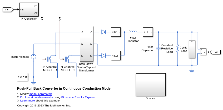 連続伝導モードのプッシュプル降圧コンバーター