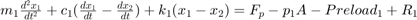 $m_1\frac{d^2x_1}{dt^2}+c_1(\frac{dx_1}{dt}-\frac{dx_2}{dt})+k_1(x_1-x_2)=F_p -p_1 A -Preload_1+R_1$