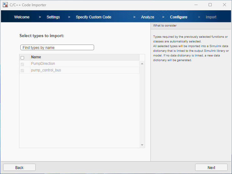 Select types to import.