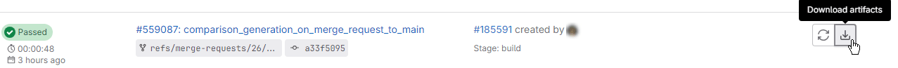 Passed job in GitLab with the mouse pointing to the Download artifacts button positioned to the right of the job