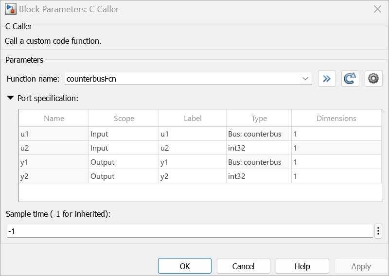 C Caller block dialog box showing the Port specification table and the Function name.