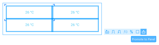 The grid of Display blocks is selected. The action bar is displayed at the lower right of the grid. In the action bar, the rightmost button is highlighted and shows the tooltip Promote to Panel.