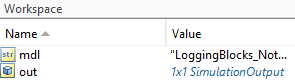 The workspace when results are returned as a single simulation output. The workspaces contains the variables mdl and out.