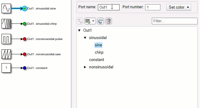 GIF that demonstrates Property Inspector actions for an output bus element port