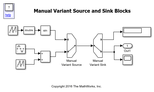 Manual Variant Source ブロックと Manual Variant Sink ブロックを使用した信号のソースと接続先での変化の提供