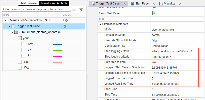 Test case metadata showing start and stop logging criteria, start and stop logging time in simulation, and logged start and stop run time.