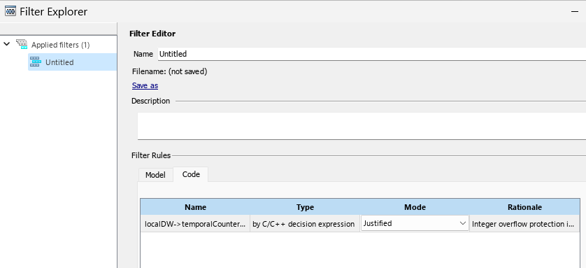 Filter explorer dialog box with filter rule for section 5.1