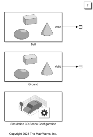Simulink model with two Simulation 3D Actor blocks named ball and ground and a Simulation 3D Scene Configuration block.