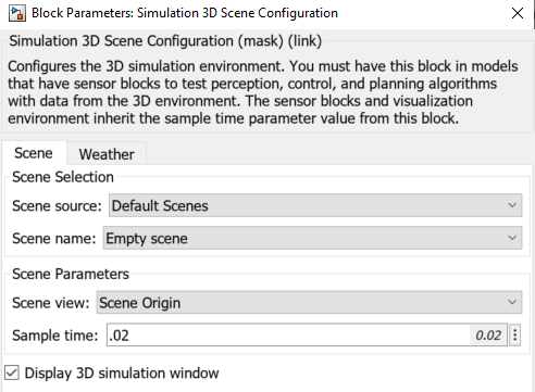 Block parameter dialog box of Simulation 3D Scene Configuration block