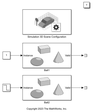 Simulink model with two Simulation 3D Actor blocks named Ball1 and Ball2 and a Simulation 3D Scene Configuration block.