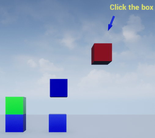 Left most vertically aligned two box actors collides, one changes color and the other actor is on the plane actor. One of the two box actors vertically aligned in the center of the screen is on the plane and changes color. The box actor on the right most side of the screen changes color.