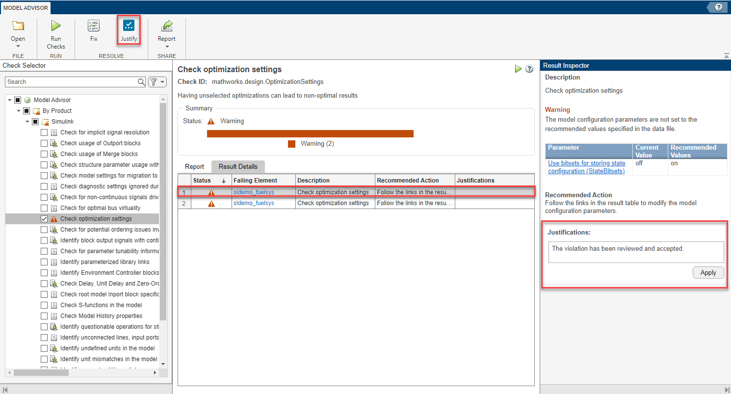 justify-model-advisor-violations-from-check-analysis-matlab