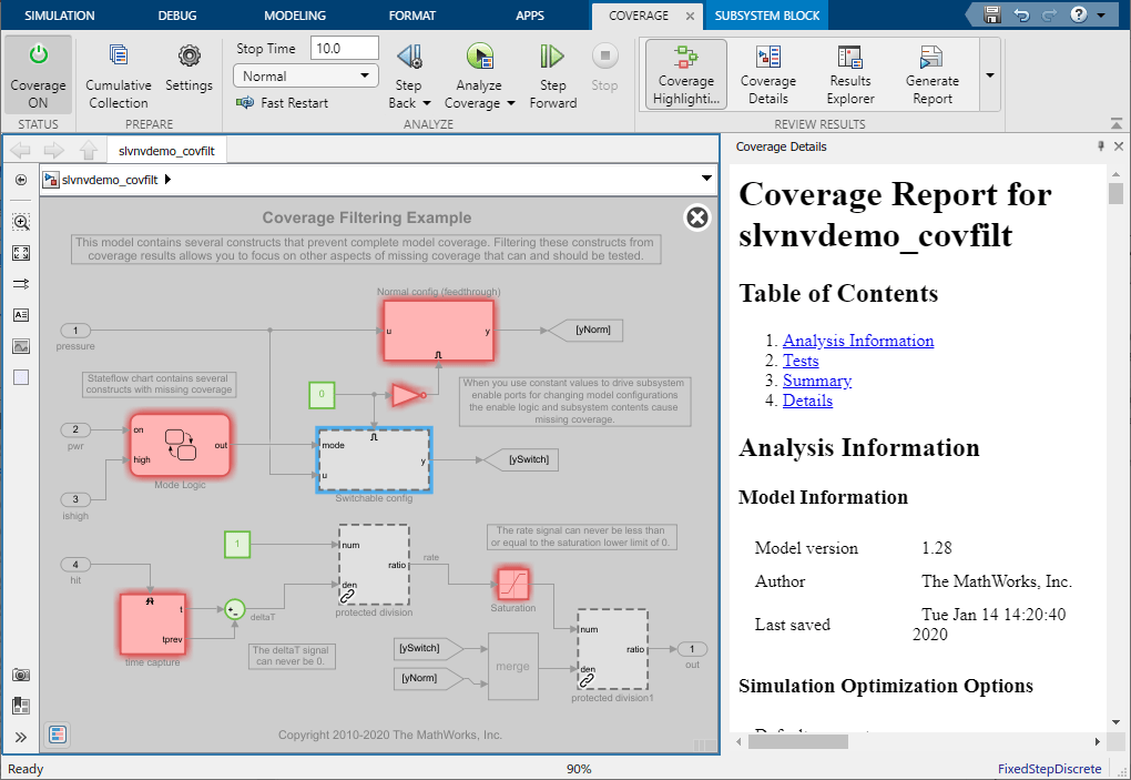 Simulink window showing the highlighted model and coverage results. The Switchable config subsystem is excluded.