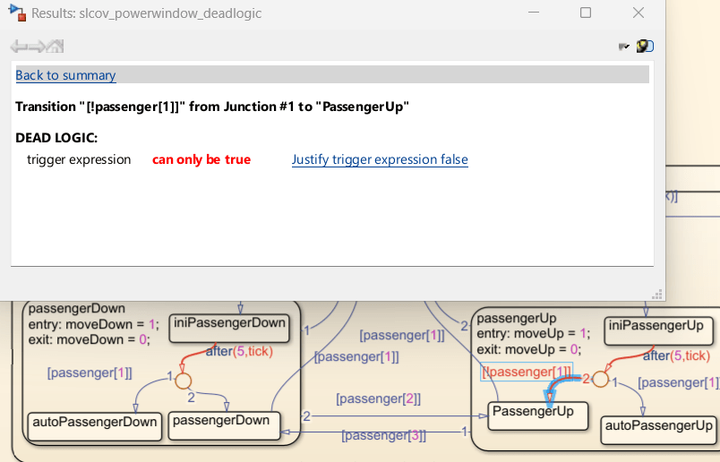 Results window displaying the trigger expression for the Sateflow transition can only be true