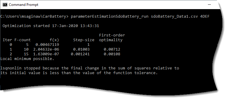 Command Prompt showing the Optimization Progress report