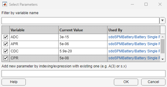 Select Parameters dialog box showing the selected parameters