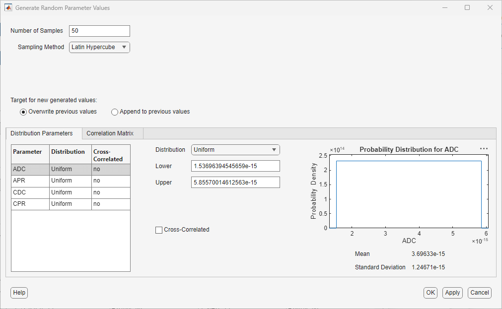 Generate Random Parameter Values dialog box showing the parameter distributions