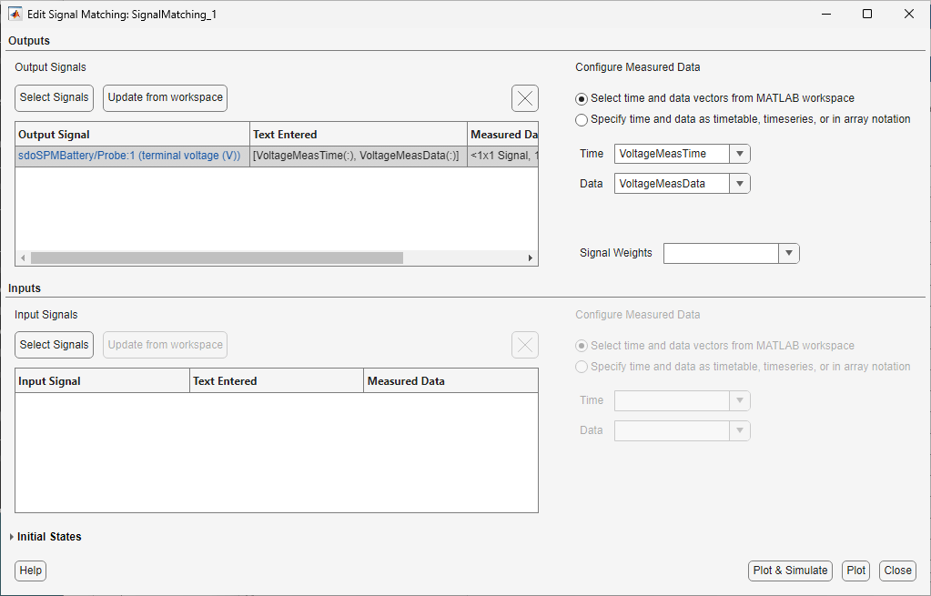 The Edit Signal Matching dialog box showing the Outputs and Inputs sections