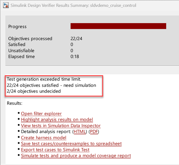 Results Summary window. A message shows that test generation exceeded the time limit